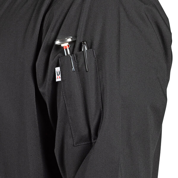A black Uncommon Chef 3/4 length sleeve chef coat with a pen and knife pocket.