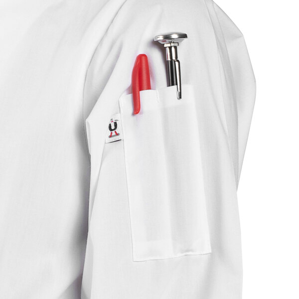 A white Uncommon Chef 3/4 Length Sleeve Chef Coat with a red pen in the pocket.