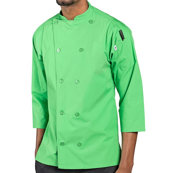 a person wearing a green chef coat