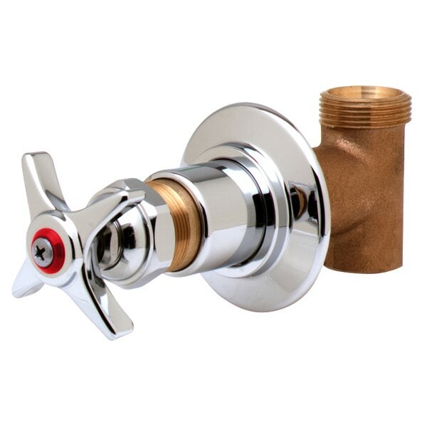A chrome plated brass T&S faucet with a red four-arm handle with index.