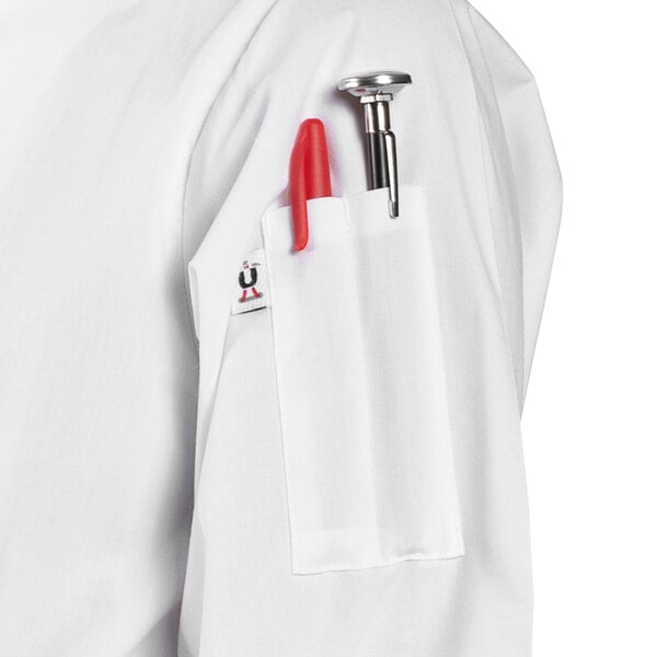 A Uncommon Chef white 3/4 length sleeve chef coat with side vents.