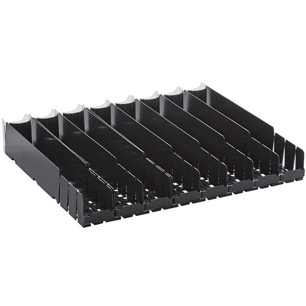 A black plastic holder with eight dividers for bottles and cans.