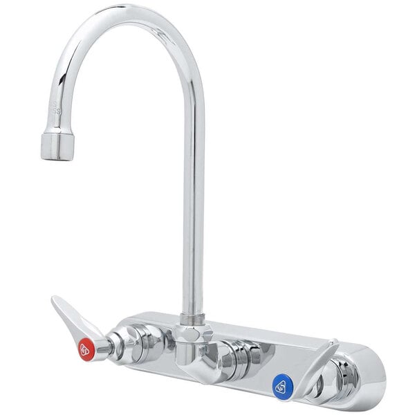 A T&S chrome wall mount faucet with a swivel gooseneck spout and two handles, one red.