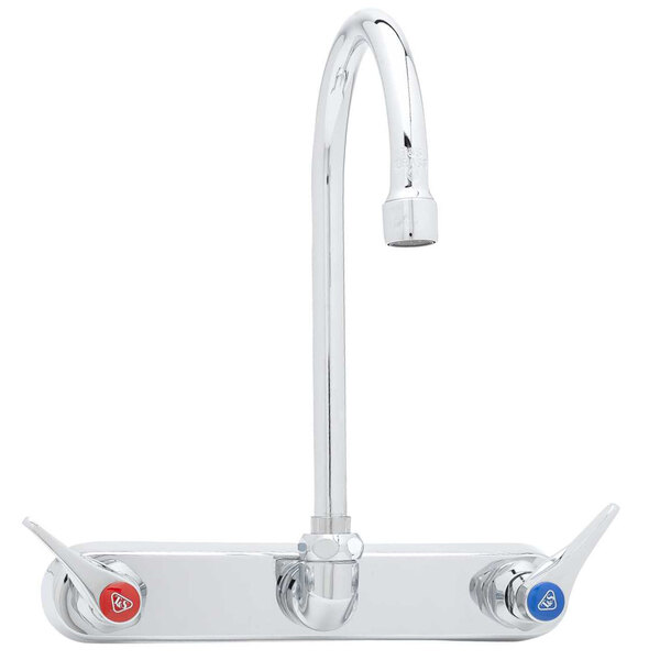 A chrome T&S wall mount faucet with two red and blue knobs.