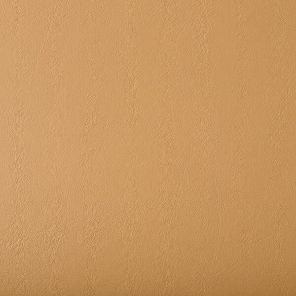 A close-up of a light brown vinyl seat on a Lancaster Table & Seating wood ladder back chair.