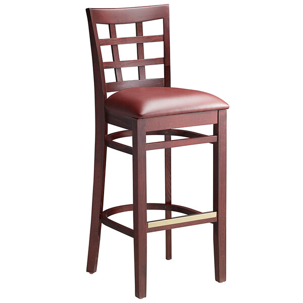 Mahogany Wood Finish Window Back Restaurant Barstool with Burgundy