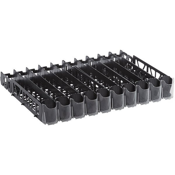 A black plastic tray with 10 lanes and black plastic pusher glides.