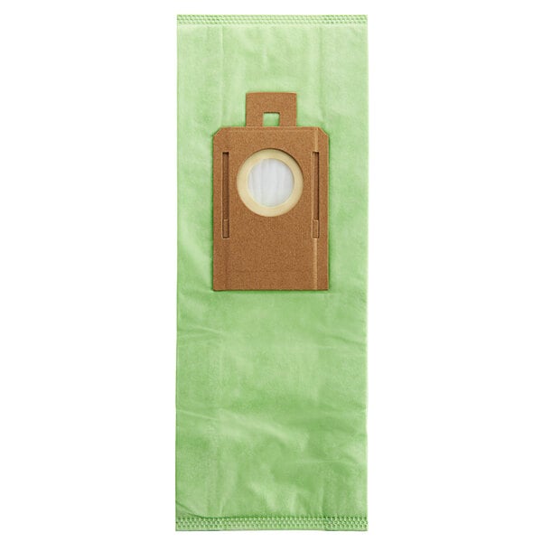A green bag with a round white circle on it.