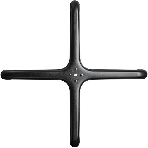 A black metal cross base plate for outdoor tables with holes in each end of the cross arms.