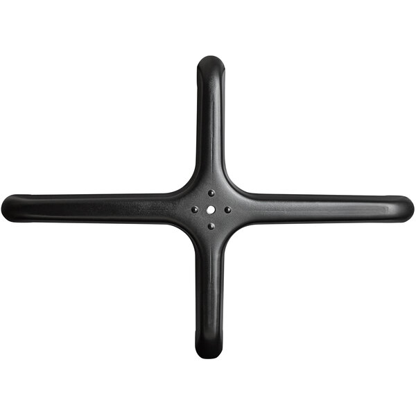 A black cross shaped Lancaster Table & Seating Excalibur outdoor table base with four holes.