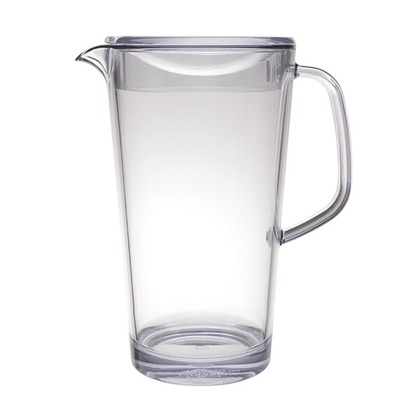 A clear plastic pitcher with a handle and lid.