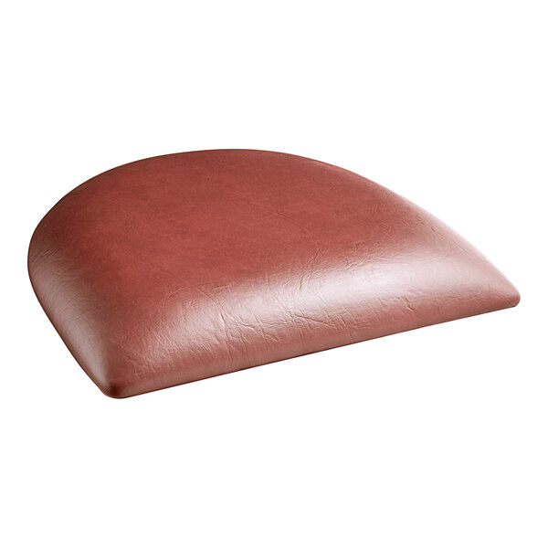 A Lancaster Table & Seating mahogany wood bar stool with burgundy vinyl cushion on the seat.