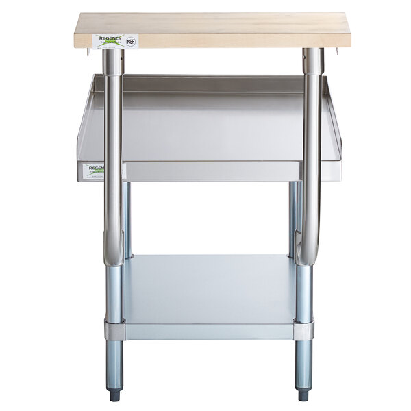 A Regency stainless steel equipment stand with a galvanized shelf.