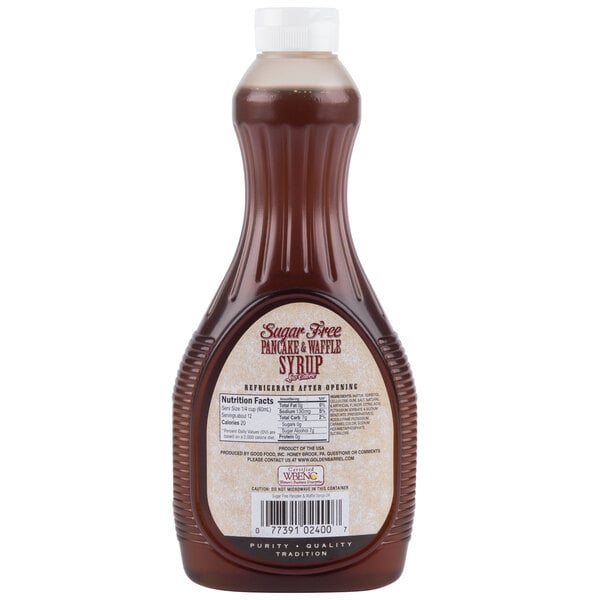 A Golden Barrel Sugar Free Pancake and Waffle Syrup bottle with a label.