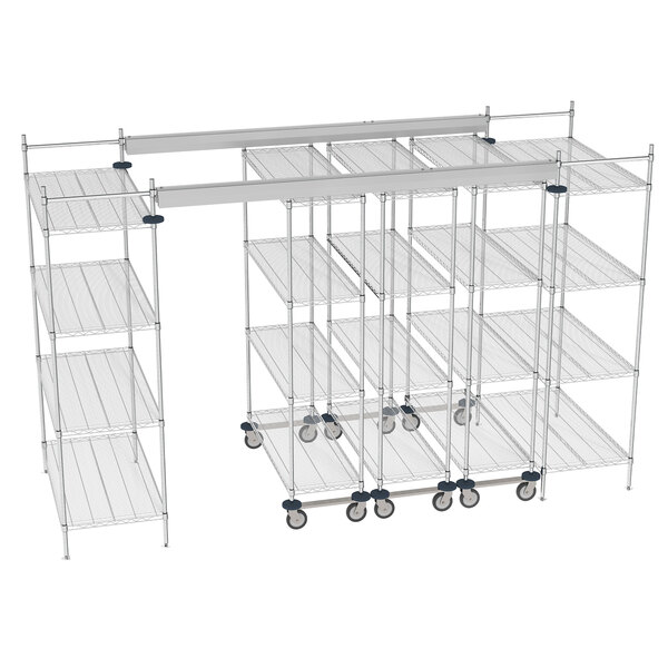 A clear Metro top-track rack with wheels and shelves.