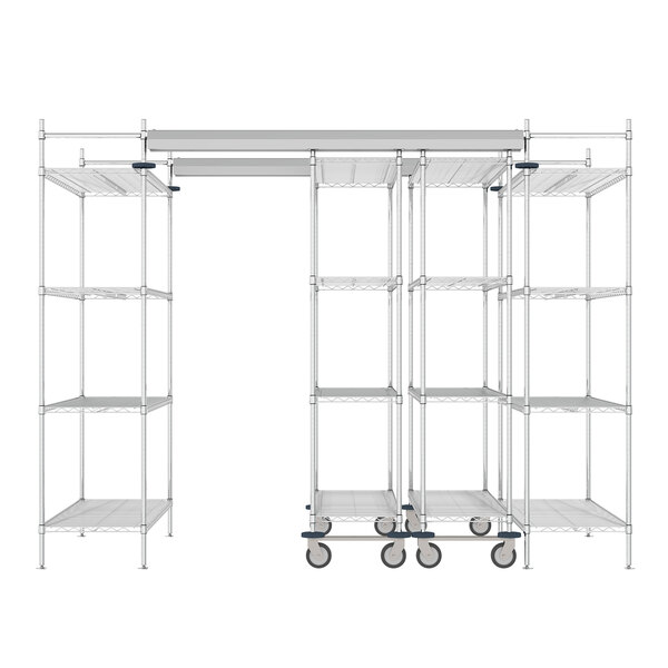 A close-up of a Metro Top-Track shelving unit with metal shelves.