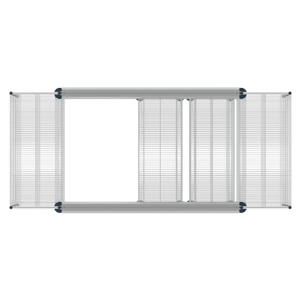 A top view of a Metro Super Erecta chrome top-track kit with black handles on rectangular panels.