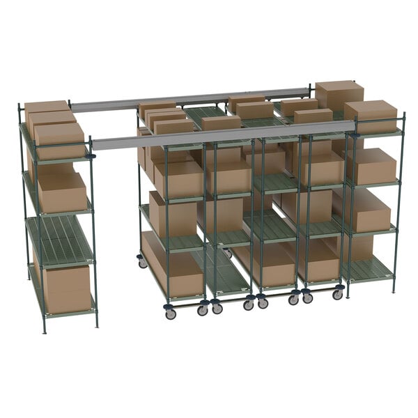 A Metro metal shelving unit with boxes on a shelf.