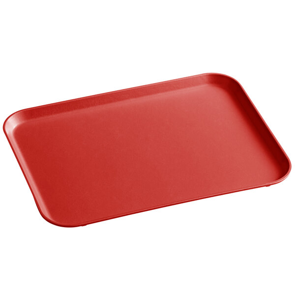 A red rectangular MFG Tray on a counter.