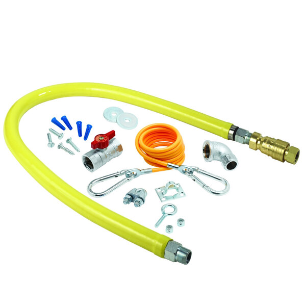 A yellow T&S Safe-T-Link gas hose with installation kit parts.