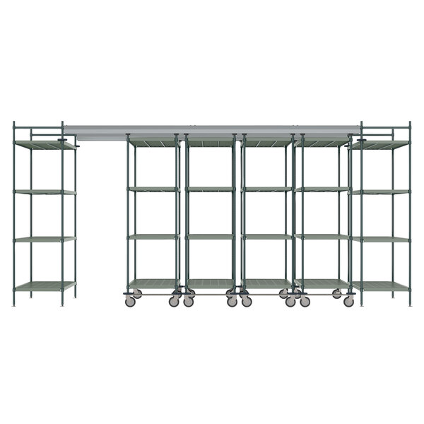 A grey metal Metro Top-Track shelving unit with wheels and shelves.