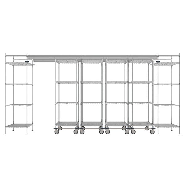 A Metro chrome top-track shelving unit with wheels and shelves.