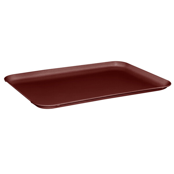 A burgundy rectangular MFG Tray on a table.