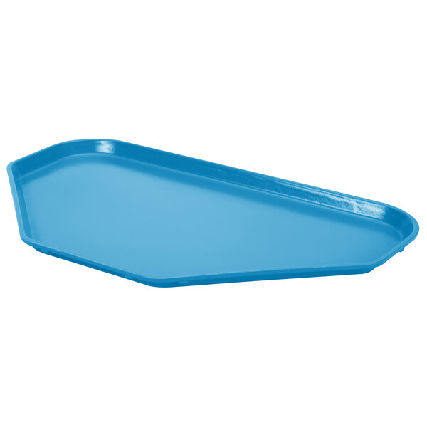 A sky blue trapezoid fiberglass cafeteria tray.