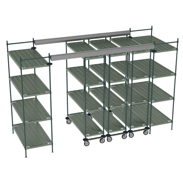 A metal Metro Top-Track shelving unit with four shelves.