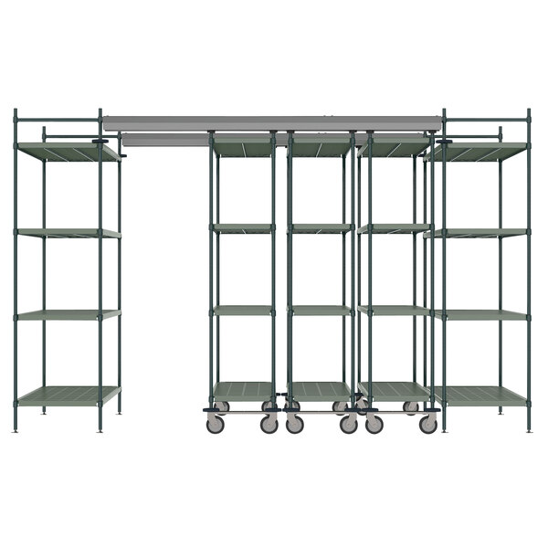 A grey Metro Top-Track shelving unit with wheels.
