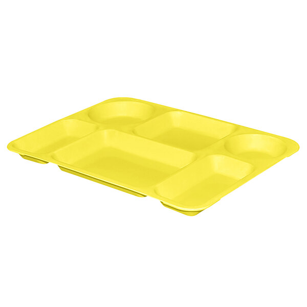A yellow tray with six compartments.