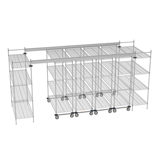 A wireframe of a Metro Super Erecta top-track shelving system with wheels and shelves.