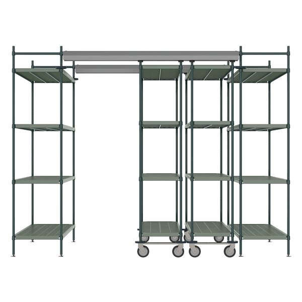 A black metal Metro Top-Track shelving unit with shelves.