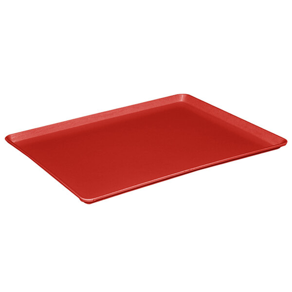 A red rectangular MFG Tray on a white background.