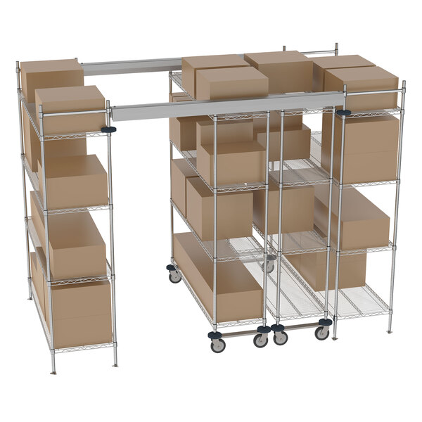 A Metro Super Erecta chrome top-track shelving system with boxes on it.