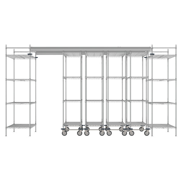 A Metro chrome top-track shelving unit with wheels and shelves.