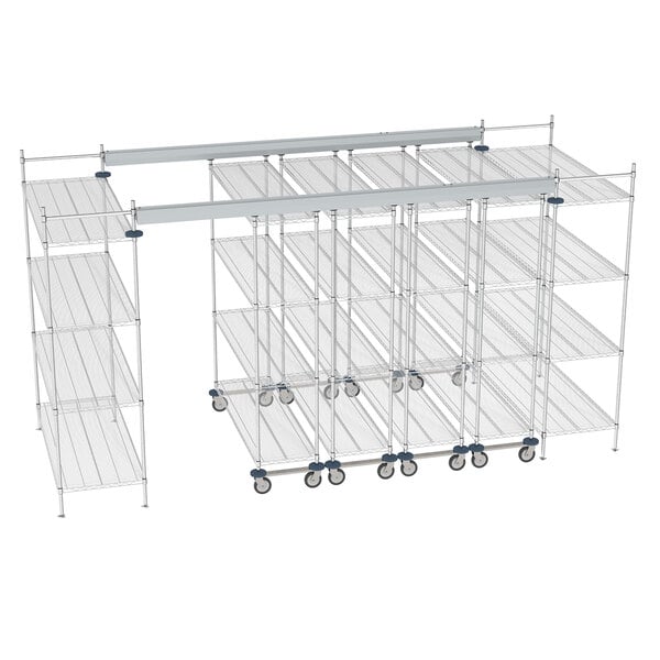 A Metro chrome top-track shelving unit on wheels.