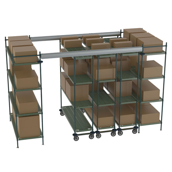 A Metro top-track metal shelving unit with boxes on the shelves.
