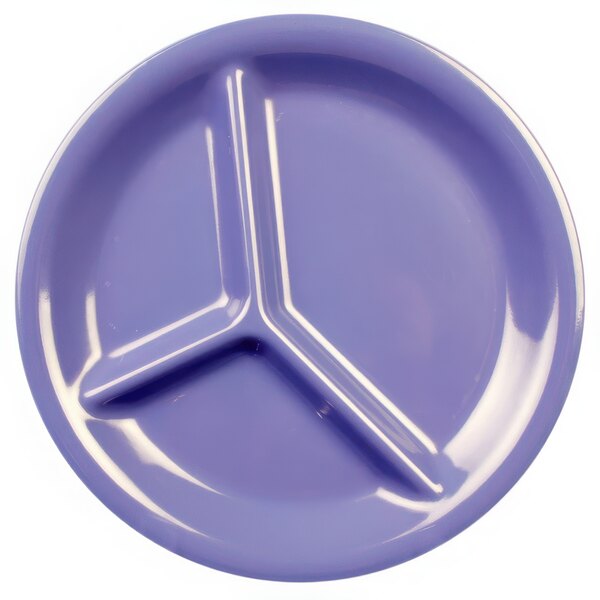 A purple Thunder Group melamine plate with three sections.
