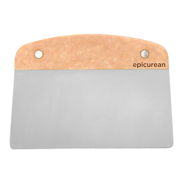 A stainless steel bench scraper with a natural Richlite handle.