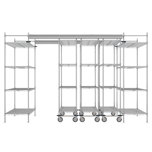 A Metro chrome top-track shelving unit with wheels and shelves.