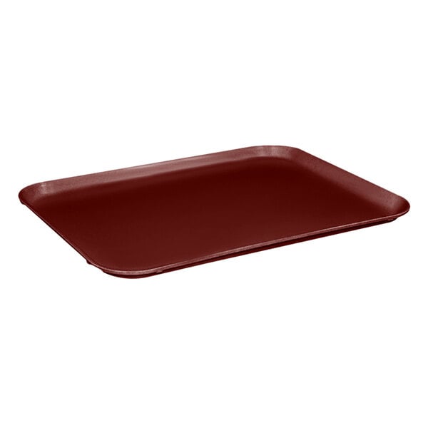 A burgundy rectangular fiberglass cafeteria tray on a white background.