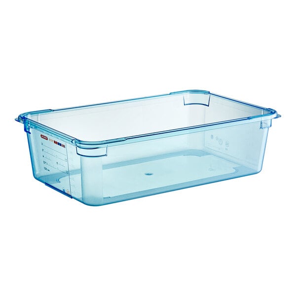 An Araven blue plastic food pan.