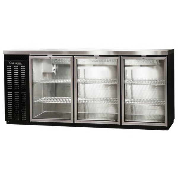 A black rectangular Continental Back Bar Refrigerator with glass doors.