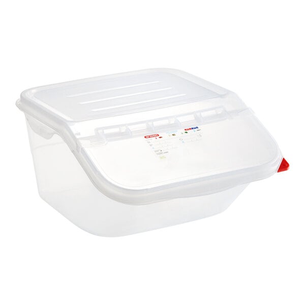 A clear plastic Araven shelf ingredient bin with a red lid.