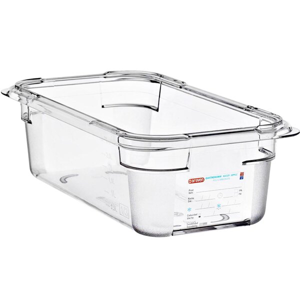 An Araven clear plastic food pan.
