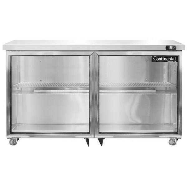 A Continental Refrigerator stainless steel undercounter refrigerator with glass doors.