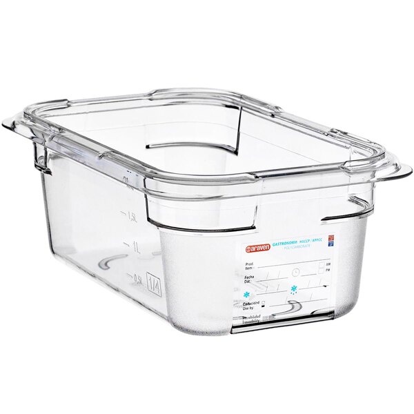 An Araven clear plastic food pan with a lid.