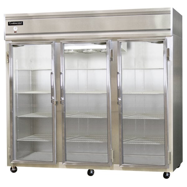 a refrigerator with three glass doors