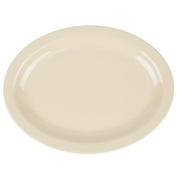 A tan oval platter with a white border.